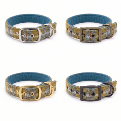 Four dog collars arranged in a 2x2 grid on a white background. Each collar has a blue fabric lining and a textured outer strap in a blue, yellow, and white pattern, shown with different buckle colors: silver, bronze, gold, and black.