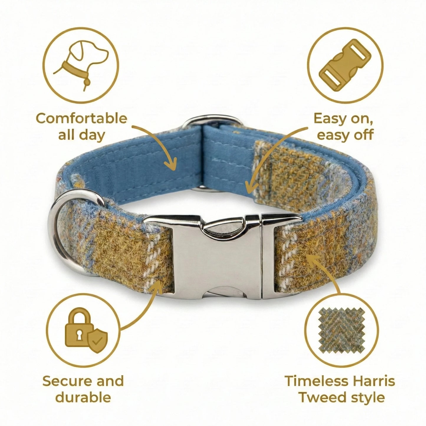 Mustard & Blue Check Luxury Harris Tweed Dog Collar - Collared Creatures LTD