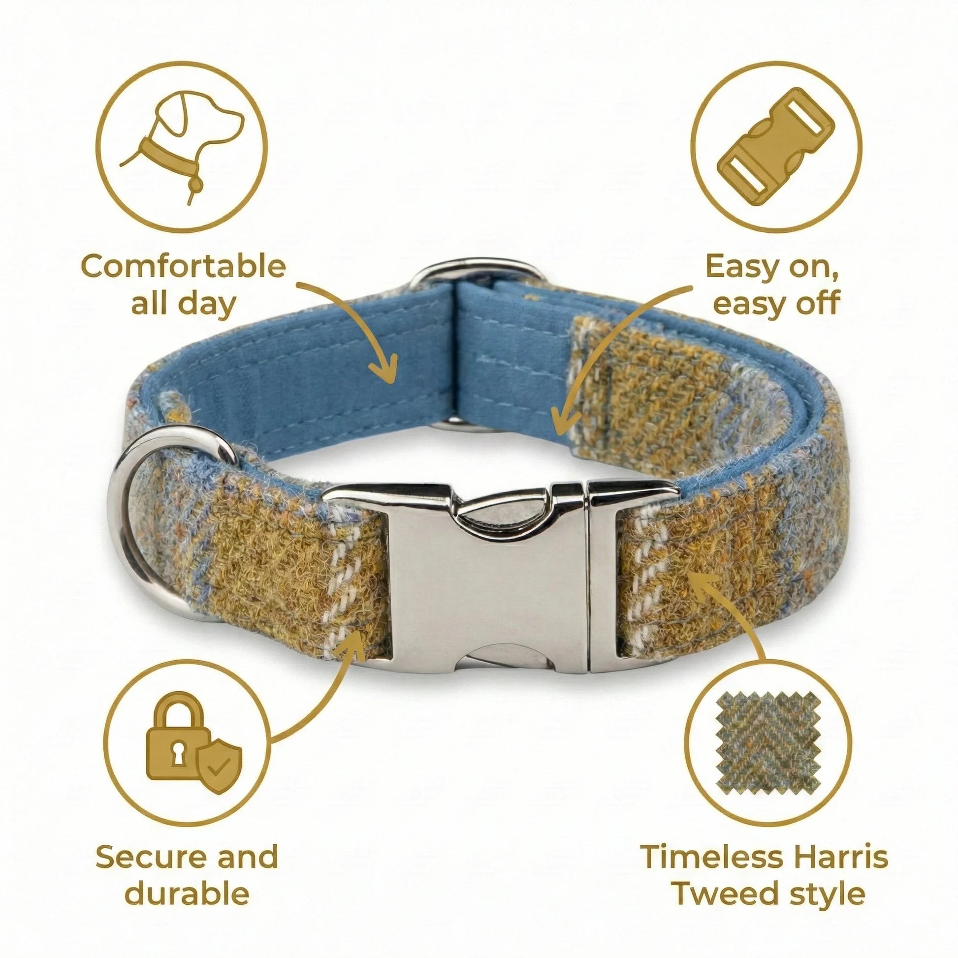 Mustard & Blue Check Luxury Harris Tweed Dog Collar - Collared Creatures LTD