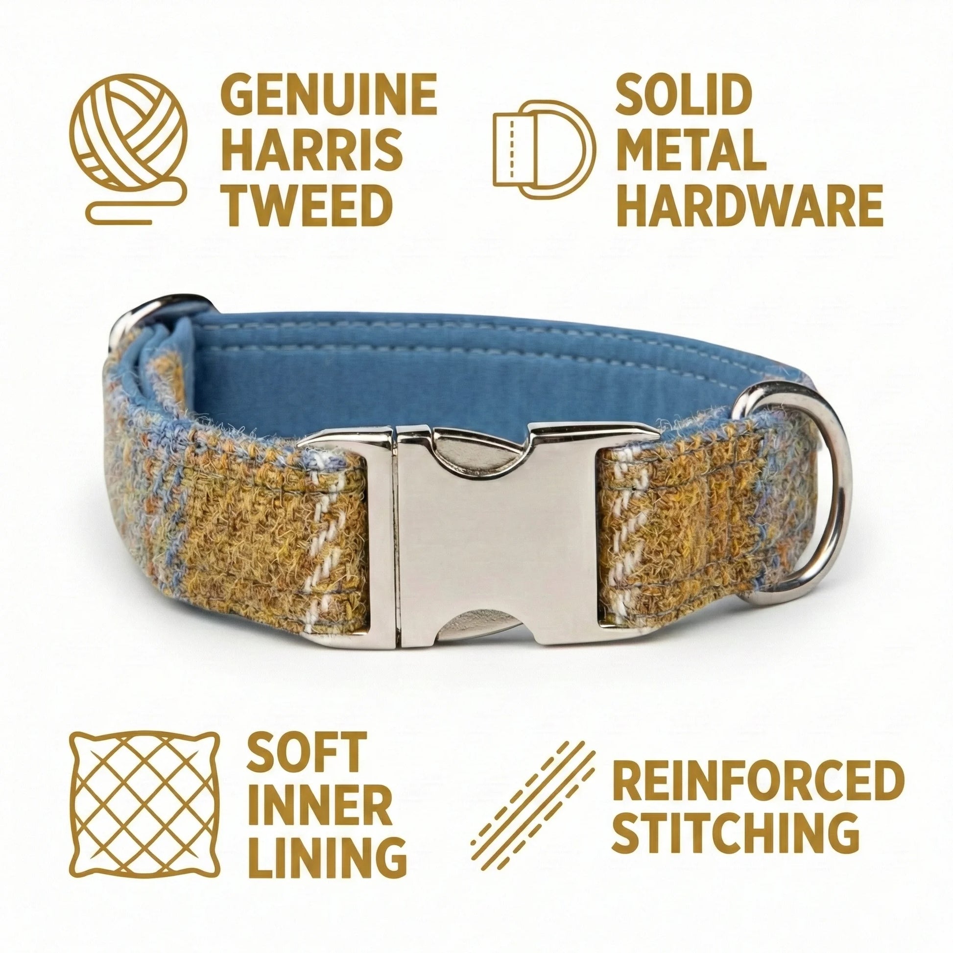 Mustard & Blue Check Luxury Harris Tweed Dog Collar - Collared Creatures LTD
