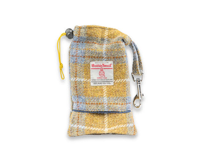 Mustard and blue check Harris Tweed dog treat bag with built-in poop bag dispenser