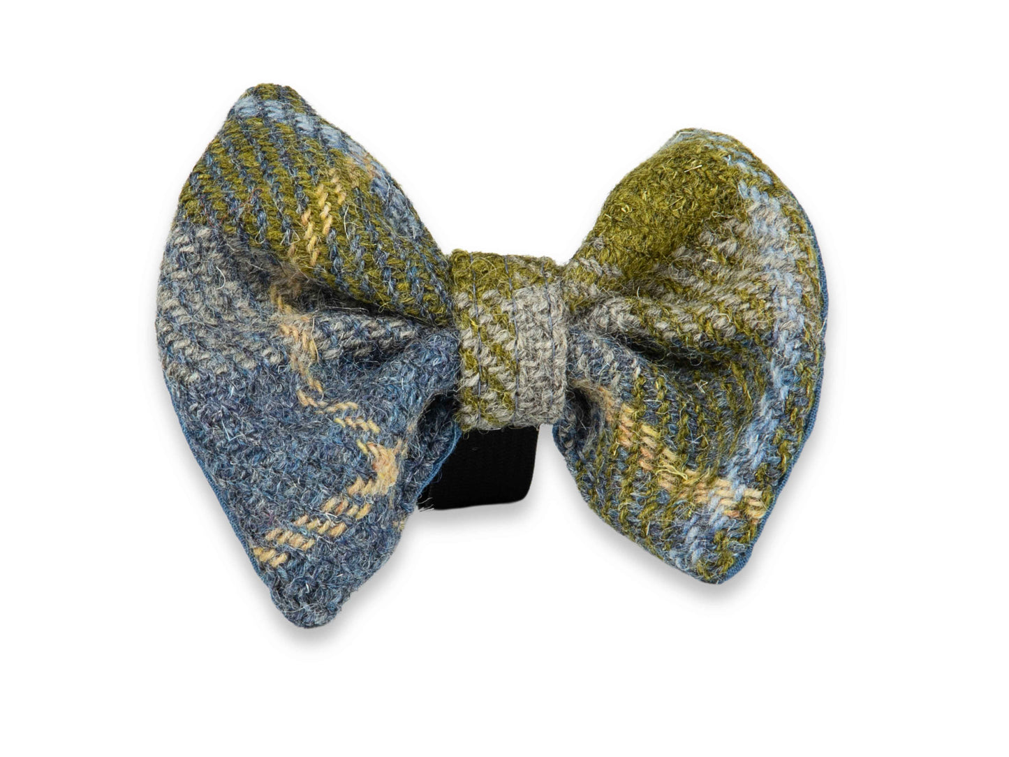 Mustard and blue check Harris Tweed dog bow tie – handmade, smart, and collar-read