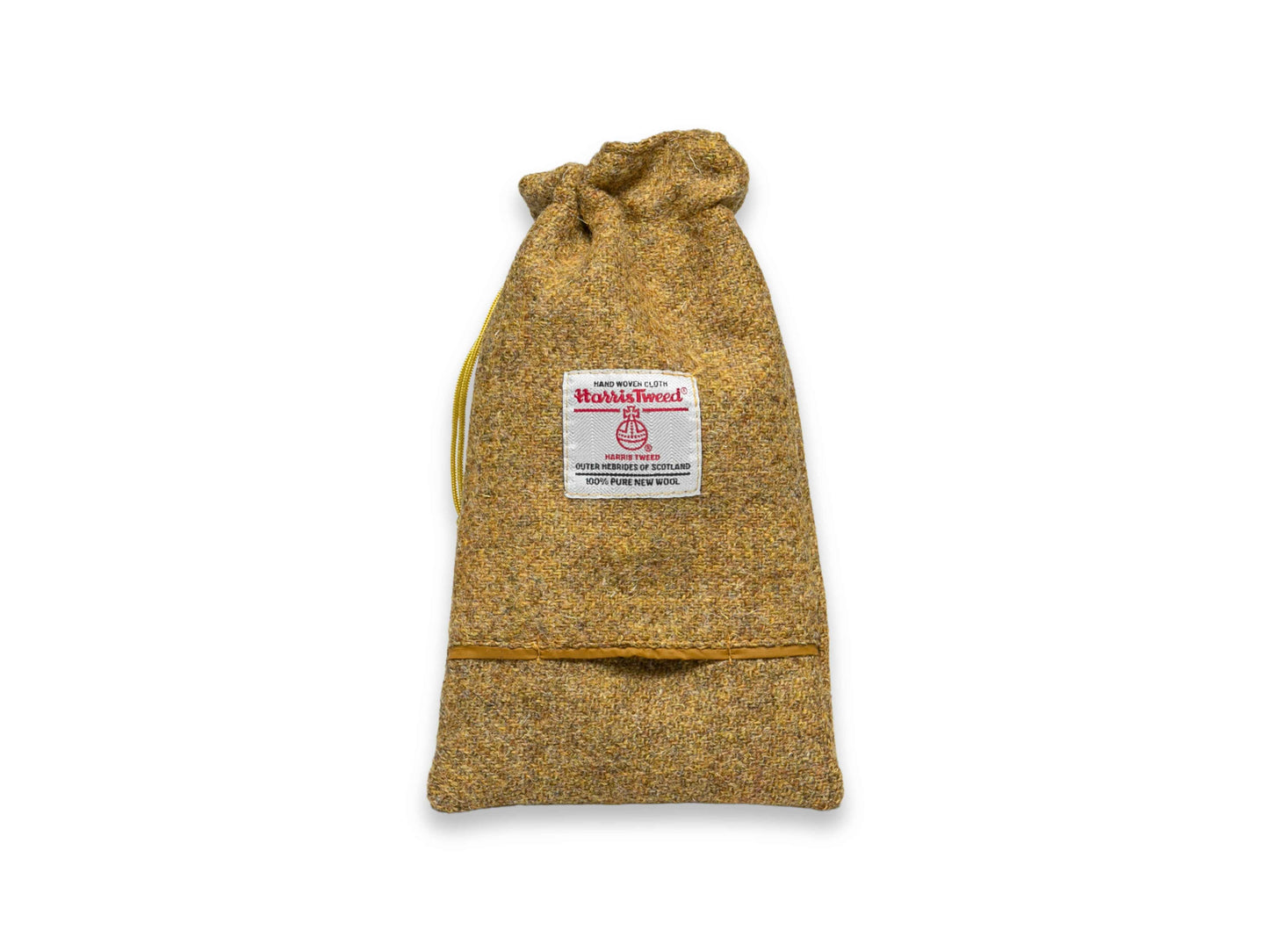 Mustard twill Harris Tweed dog treat bag with built-in poop bag dispenser