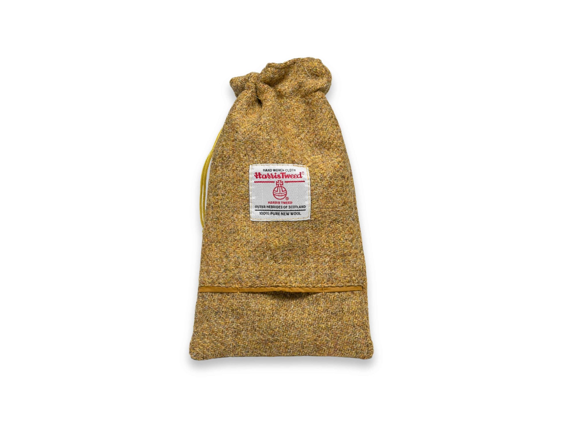 Mustard twill Harris Tweed dog treat bag with built-in poop bag dispenser