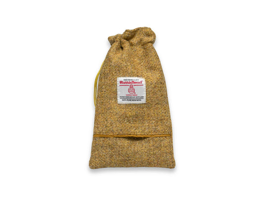 Mustard twill Harris Tweed dog treat bag with built-in poop bag dispenser
