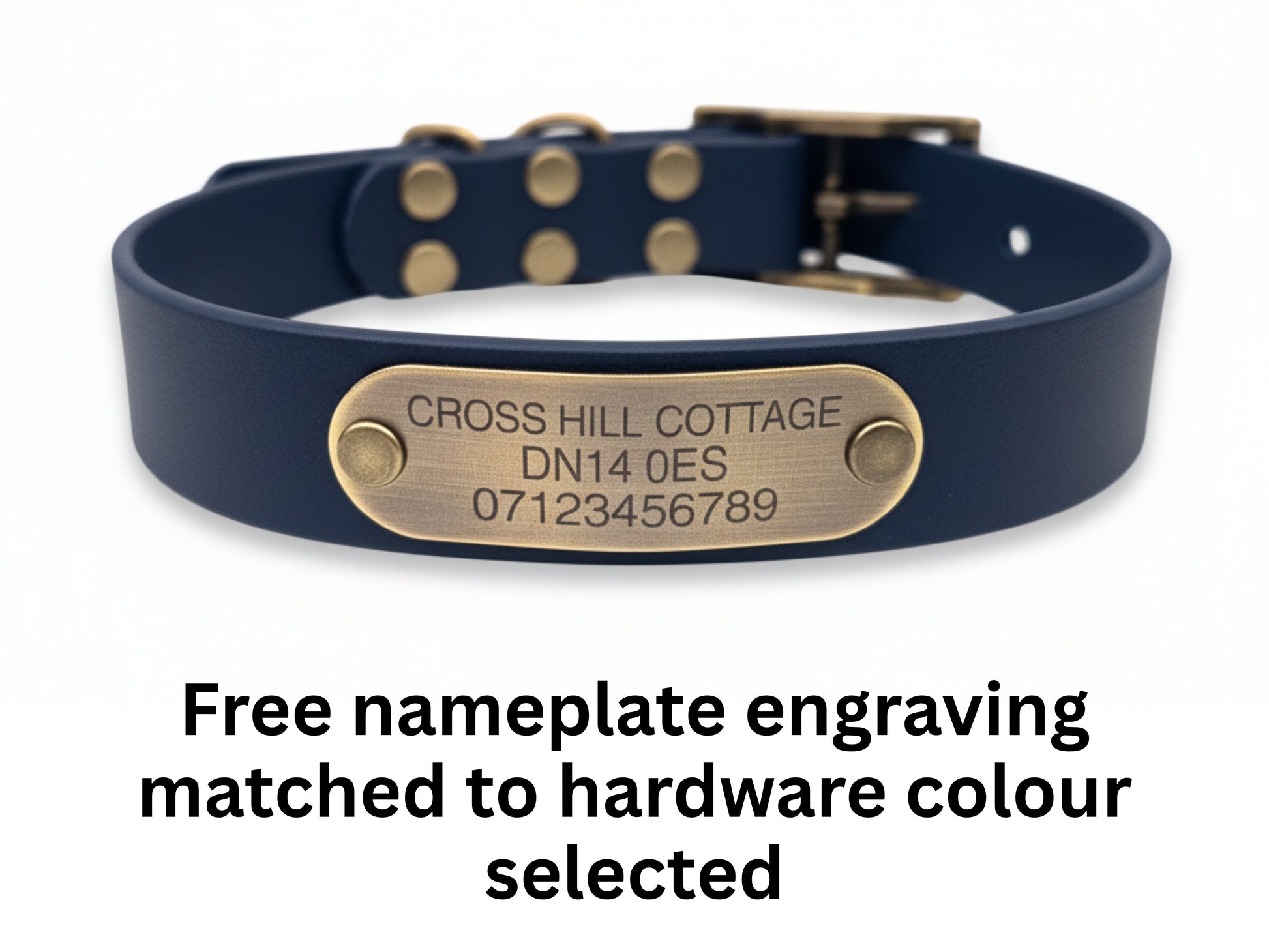 Navy blue dog collar with a brass nameplate on a white background