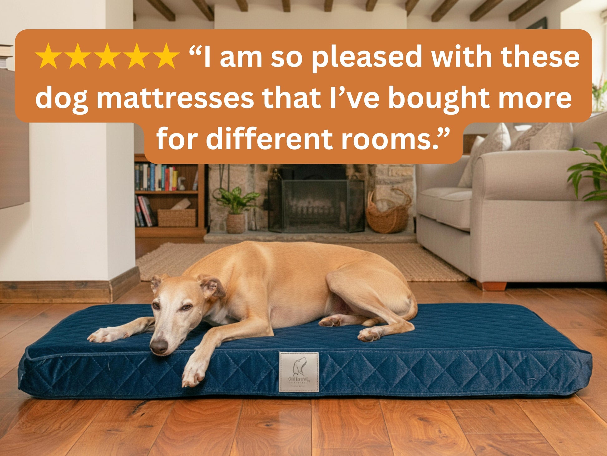 Greyhound lying on a navy blue quilted luxury dog mattress bed with a five-star customer review overlay