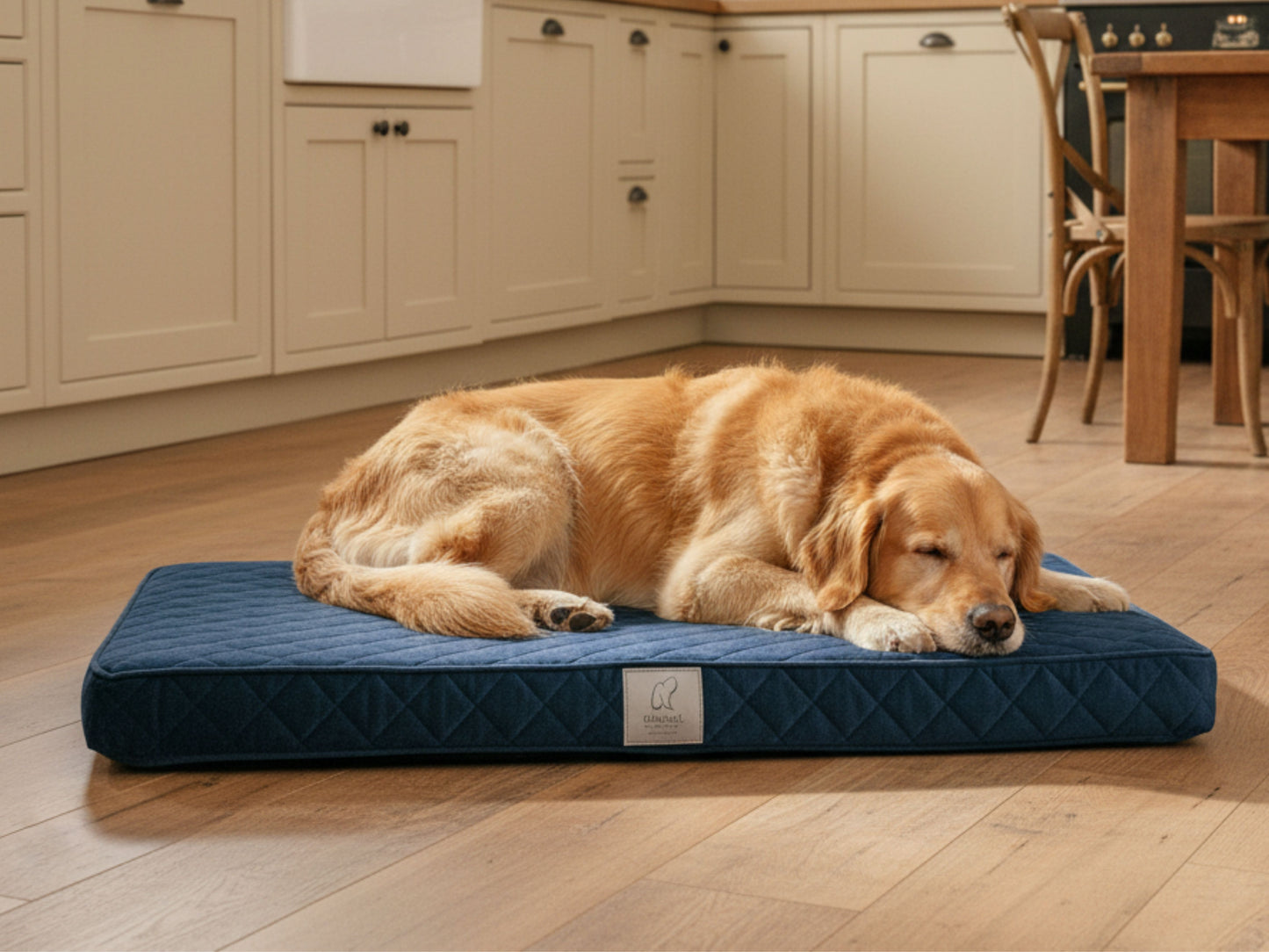 Golden Retriever sleeping on a navy blue quilted luxury dog mattress bed in a kitchen