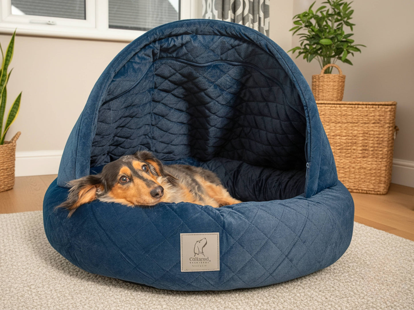 Dachshund lying in navy quilted velour deluxe cocoon dog bed in living room setting