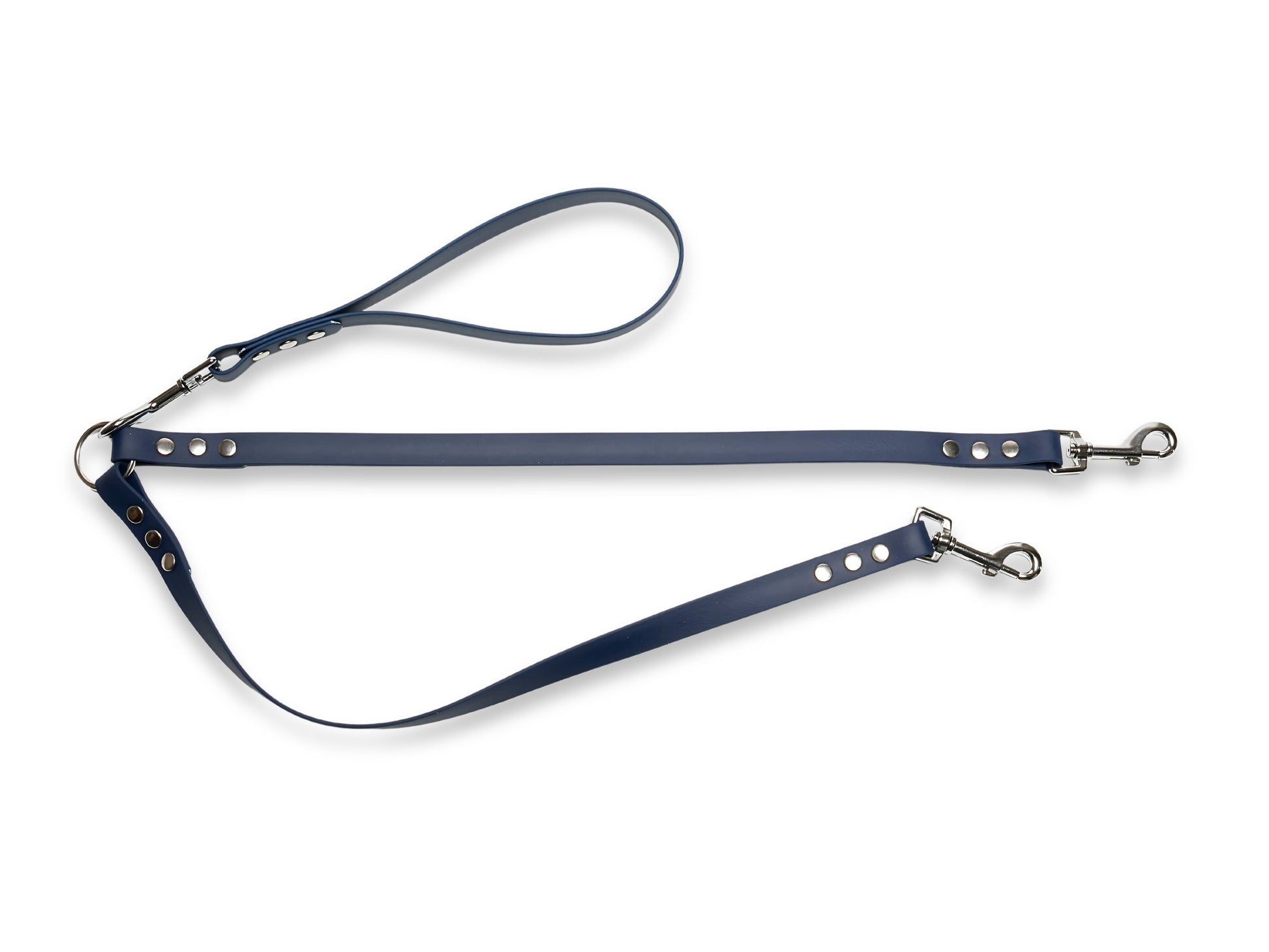 Navy waterproof Biothane double dog lead, strong and reliable for walking two dogs