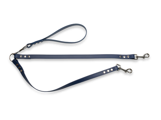 Navy waterproof Biothane double dog lead, strong and reliable for walking two dogs