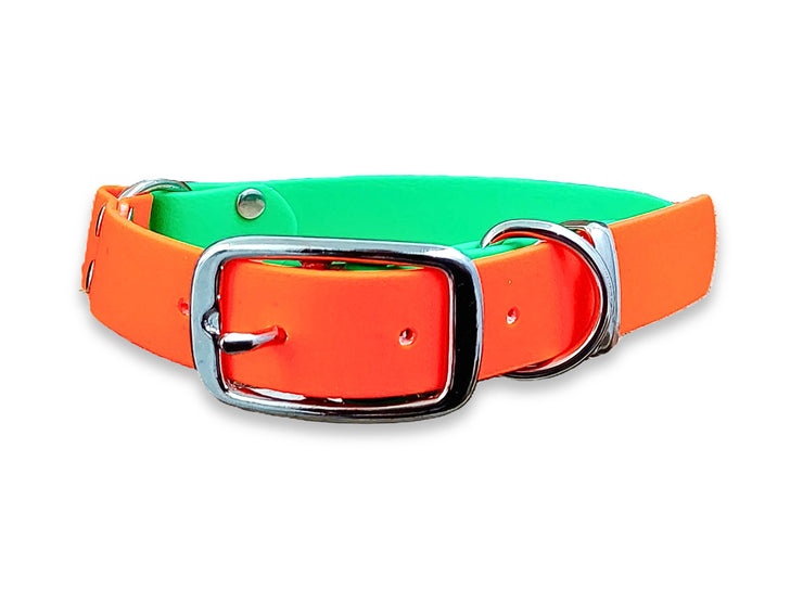 Neon Green & Neon Orange Multicolour Biothane buckle dog collar – waterproof, wipe-clean and durable – by Collared Creatures