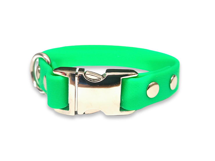Neon green Biothane dog collar for small dogs – waterproof, high visibility, and durable