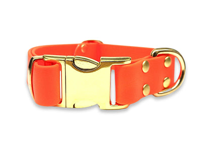 Neon Orange Biothane clasp collar – water-repellent, odour-free, and built for muddy adventures – by Collared Creatures