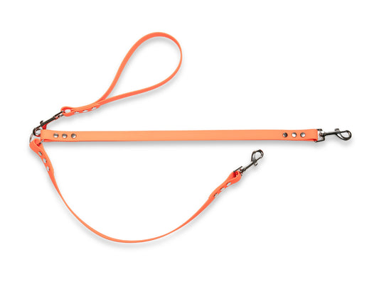 Neon Orange waterproof Biothane double dog lead, ideal for walking two dogs