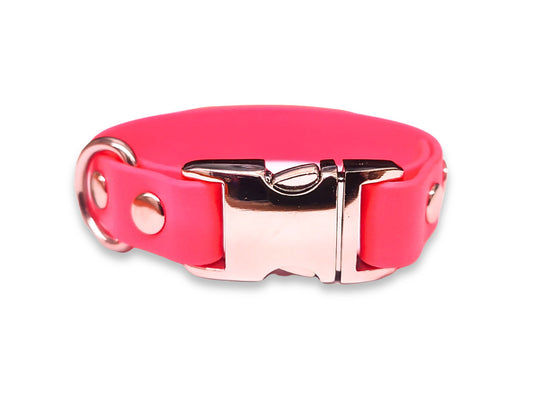 Neon pink Biothane dog collar for small breeds – waterproof, lightweight, and easy to clean