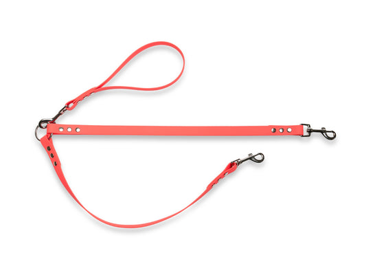Neon Pink waterproof Biothane double dog lead with no-tangle design for two dogs