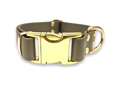 Olive Biothane dog collar with metal clasp – water-resistant, wipe-clean and mould-resistant – by Collared Creatures