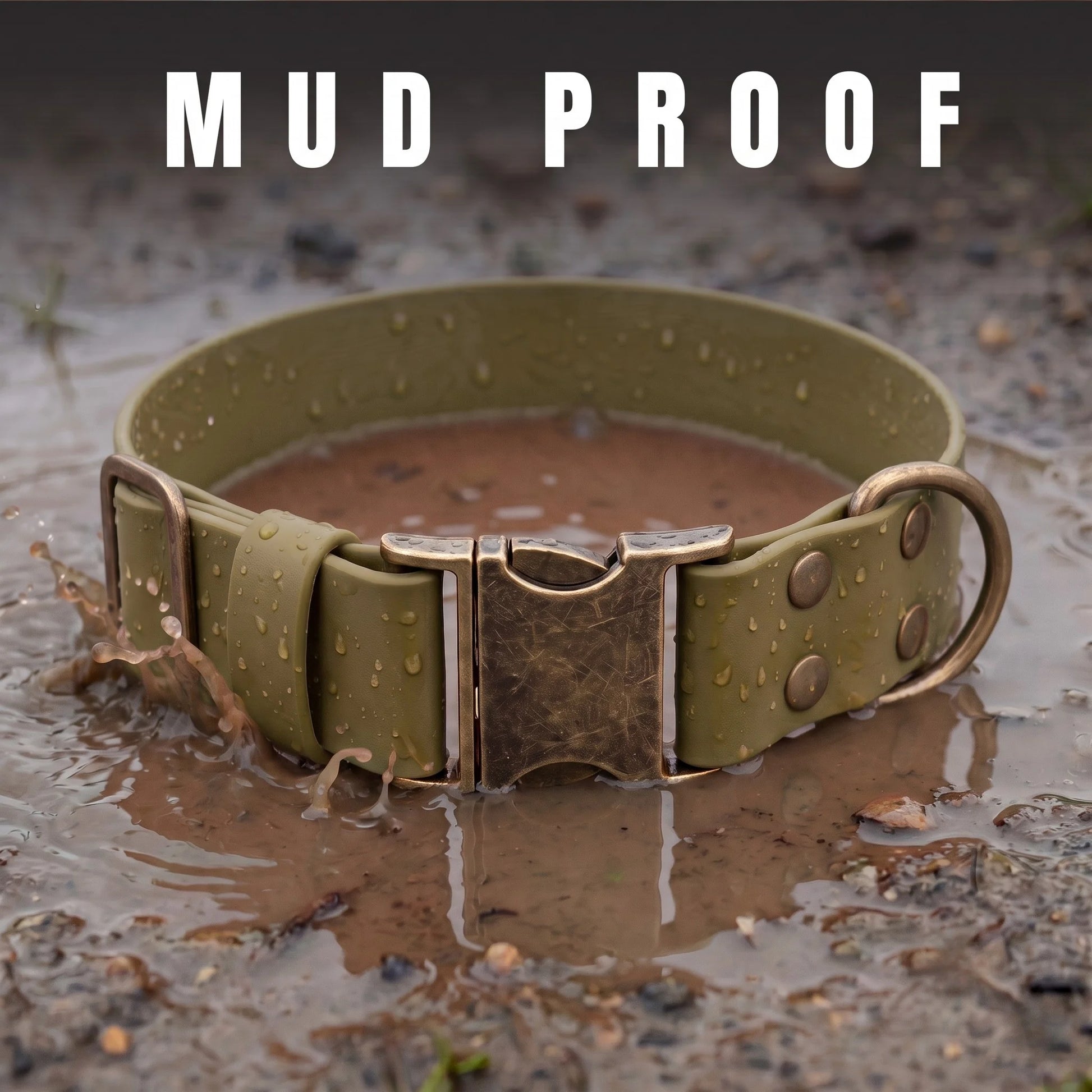 olive green waterproof dog collar, mud proof and standing in wet mud
