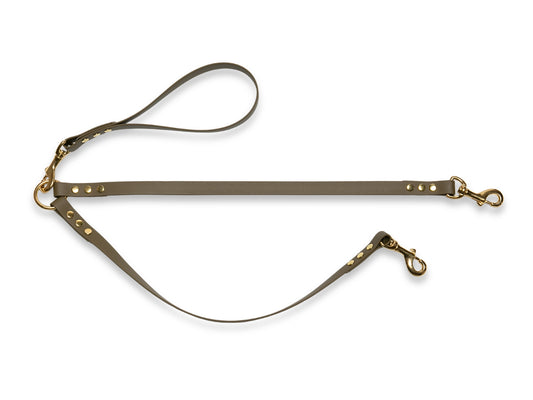 Olive waterproof Biothane double dog lead for two dogs with tangle-free design
