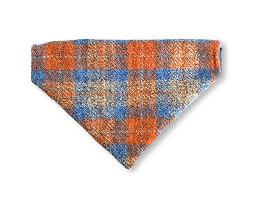 Orange and blue check Harris Tweed dog bandana