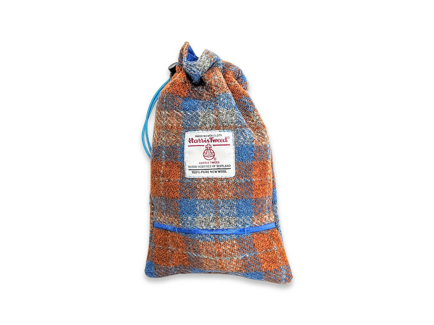 Orange and blue check handmade Harris Tweed dog treat bag with poop bag dispenser