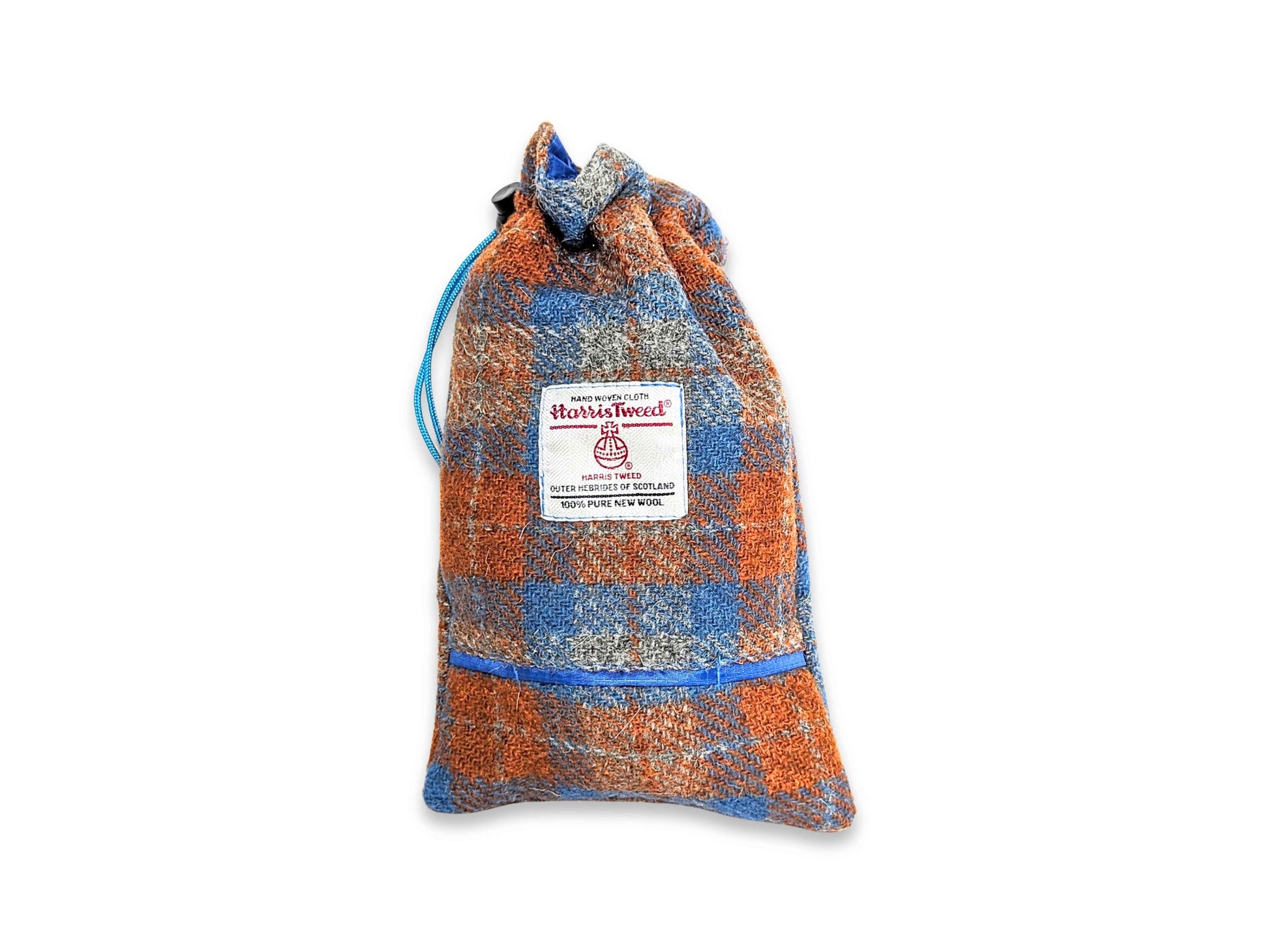 Orange and blue check handmade Harris Tweed dog treat bag with poop bag dispenser