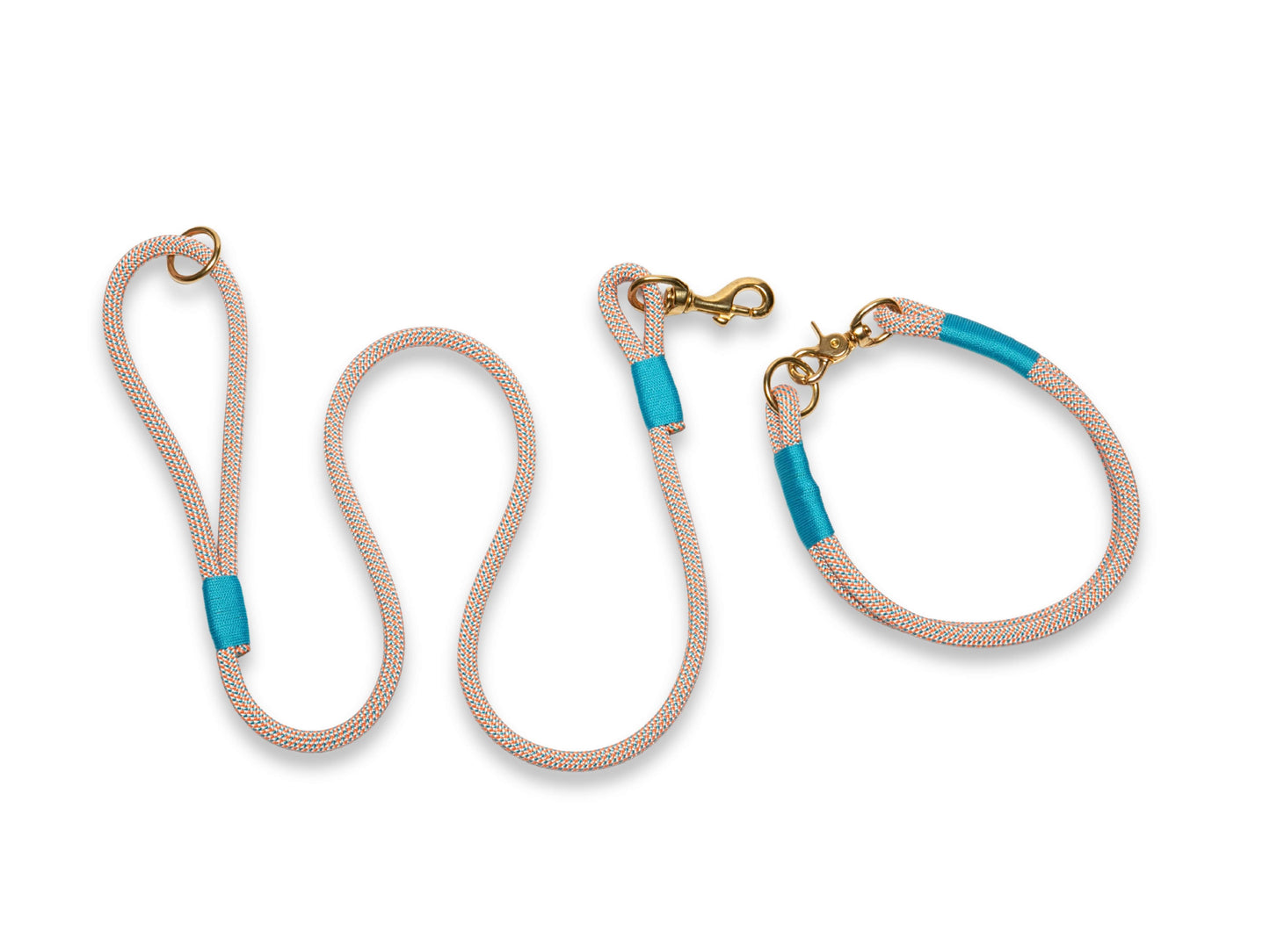 Handmade rope dog collar with matching lead in orange and blue colours