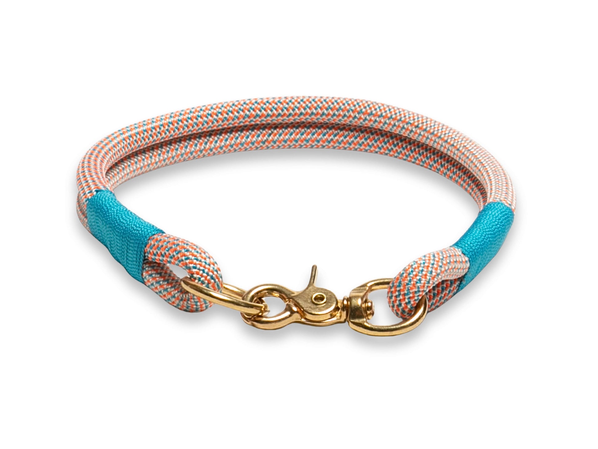 Orange and blue rope dog collar with front view