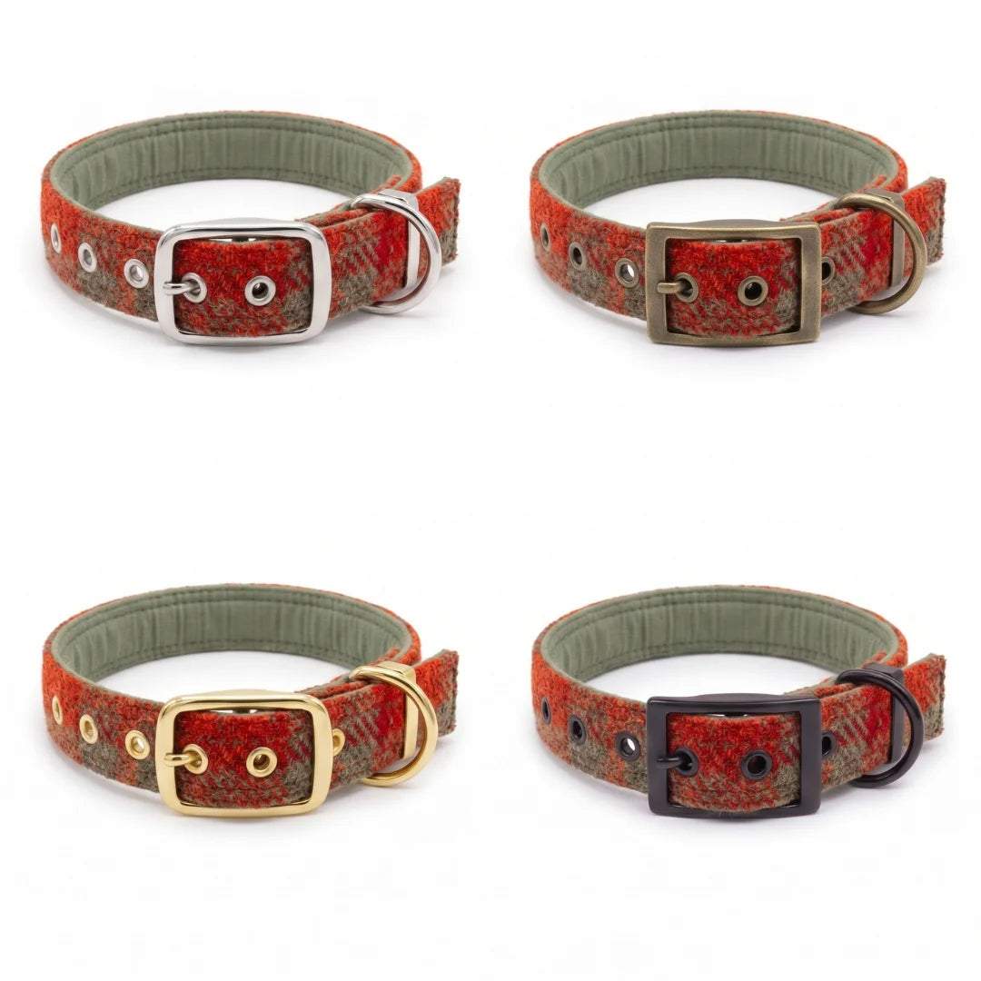 Orange & Olive Check - Buckle Fastening Luxury Harris Tweed Dog Collar