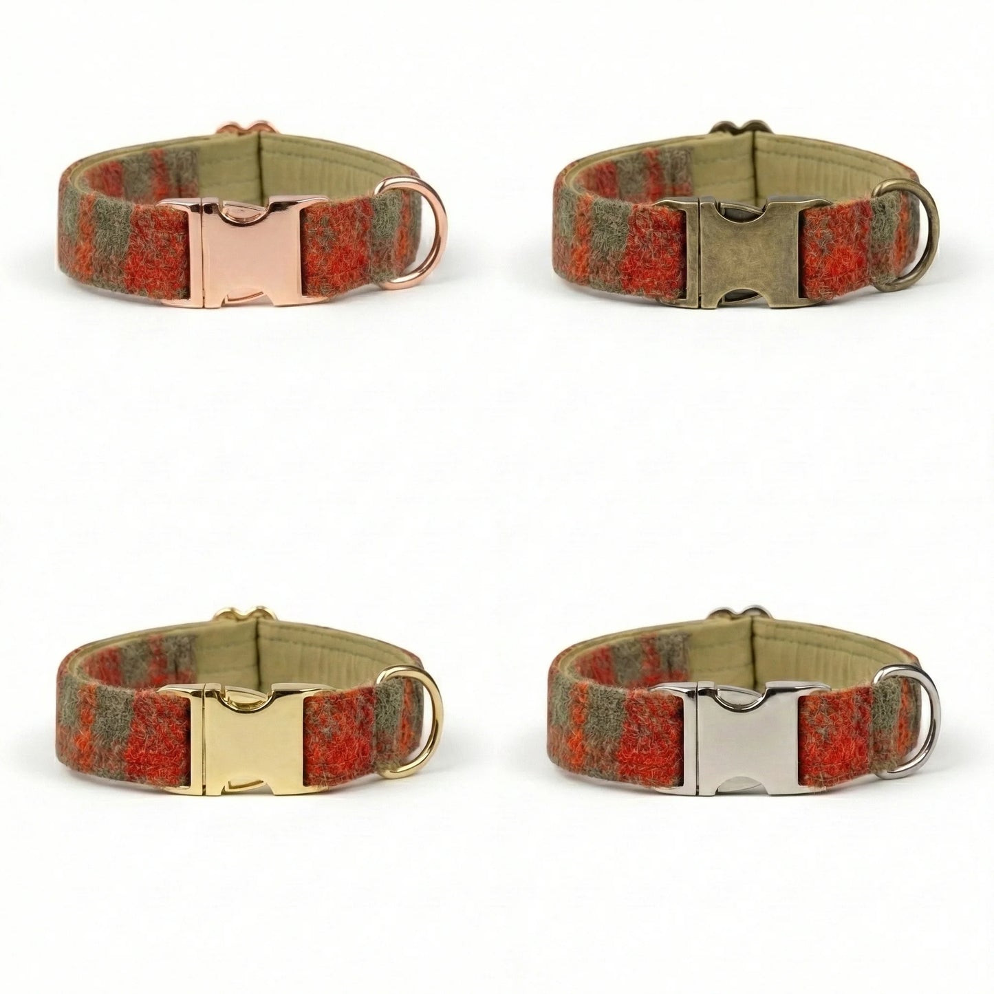 Four dog collars with different buckle colors on a white background