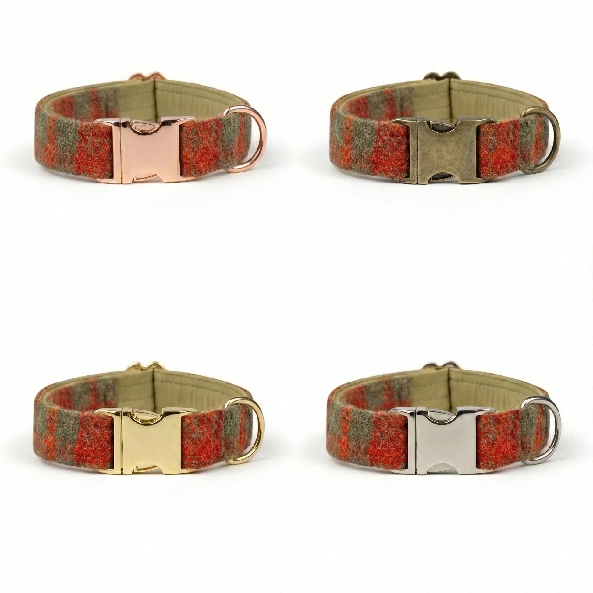 Four dog collars with different buckle colors on a white background
