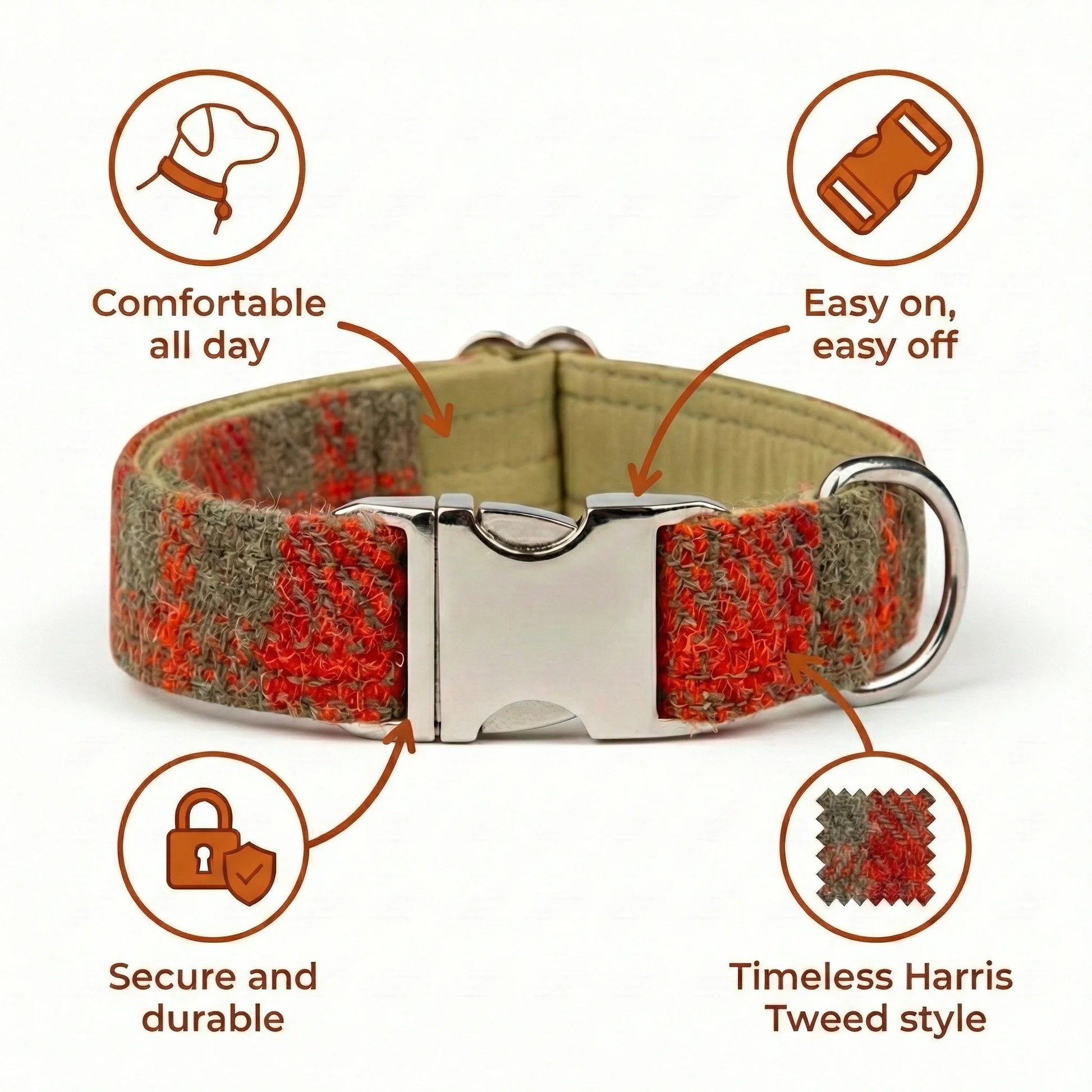 Orange & Olive Check Harris Tweed Luxury Dog Collar - Collared Creatures LTD