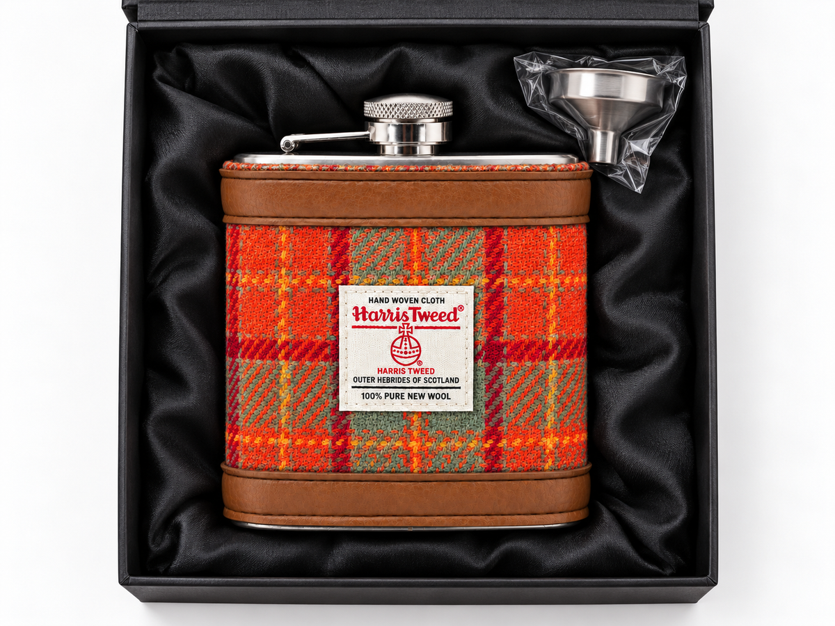 orange & olive harris tweed hip flask