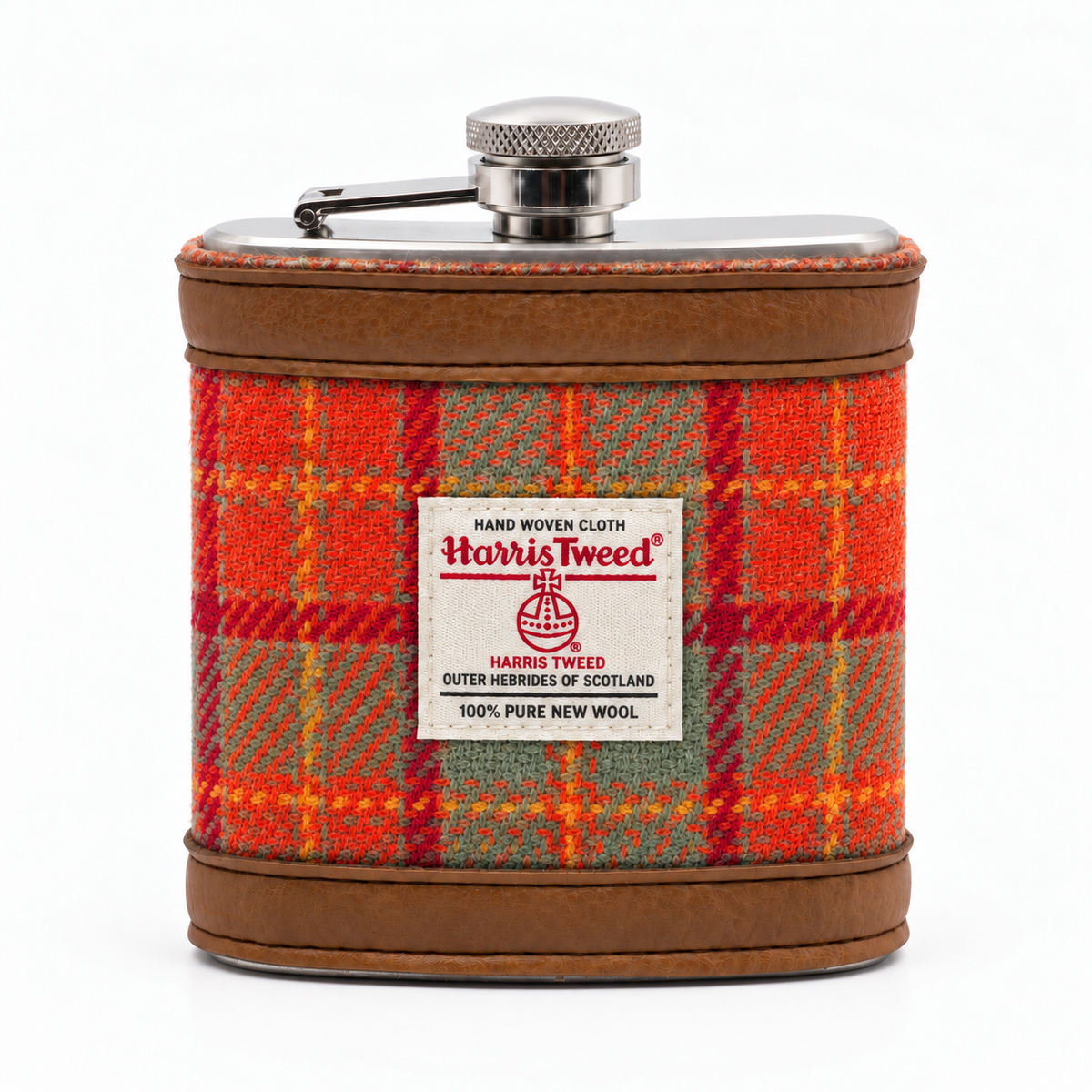 Orange & Olive Check Harris Tweed Hip Flask Gift Set