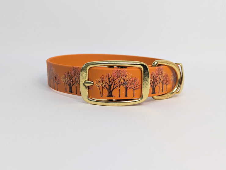 Autumn Trees on Burnt orange Printed Waterproof Biothane Dog Collar/ collared creatures