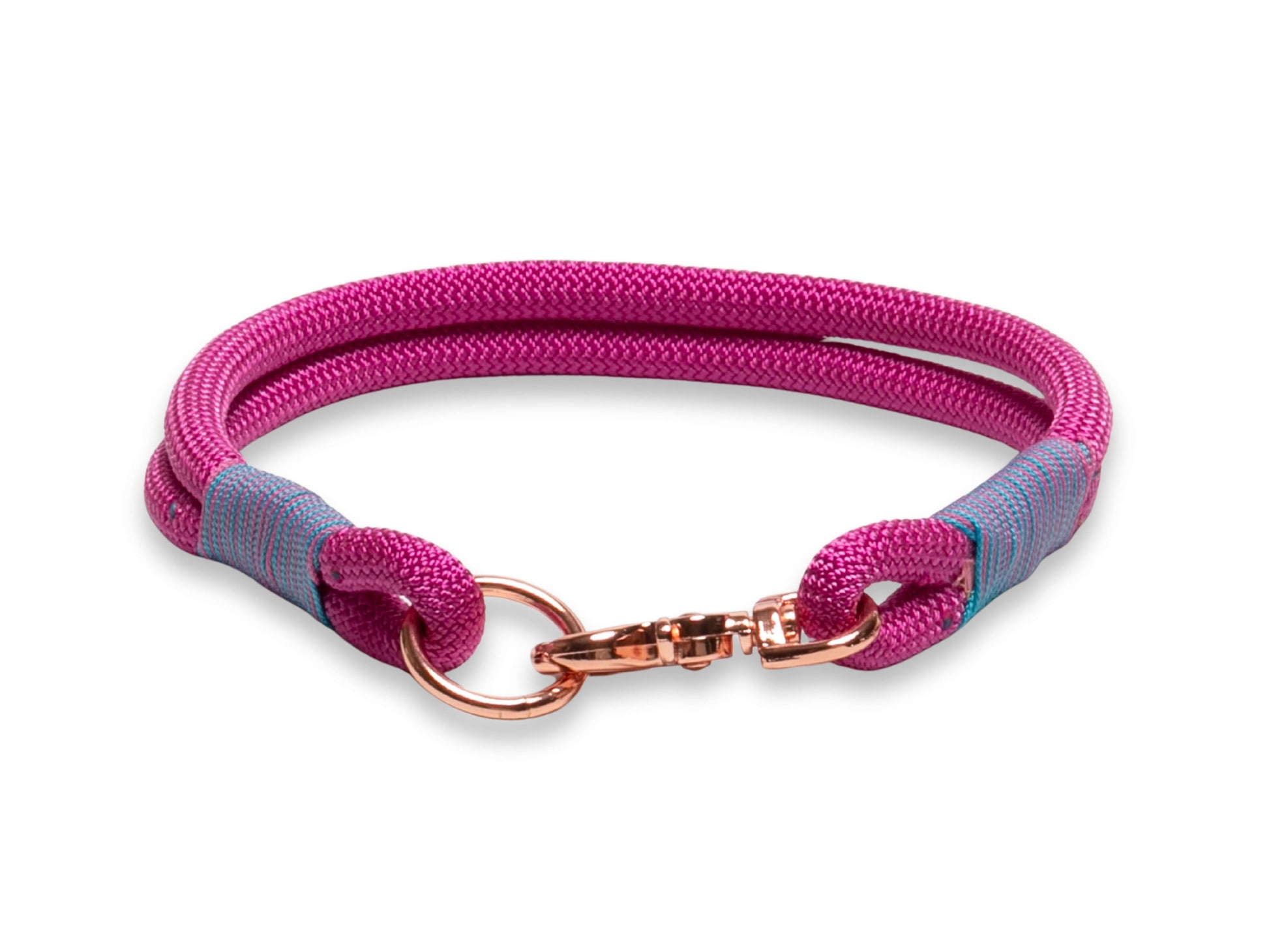 Pink and blue braided dog collar with rose gold clasp on a white background