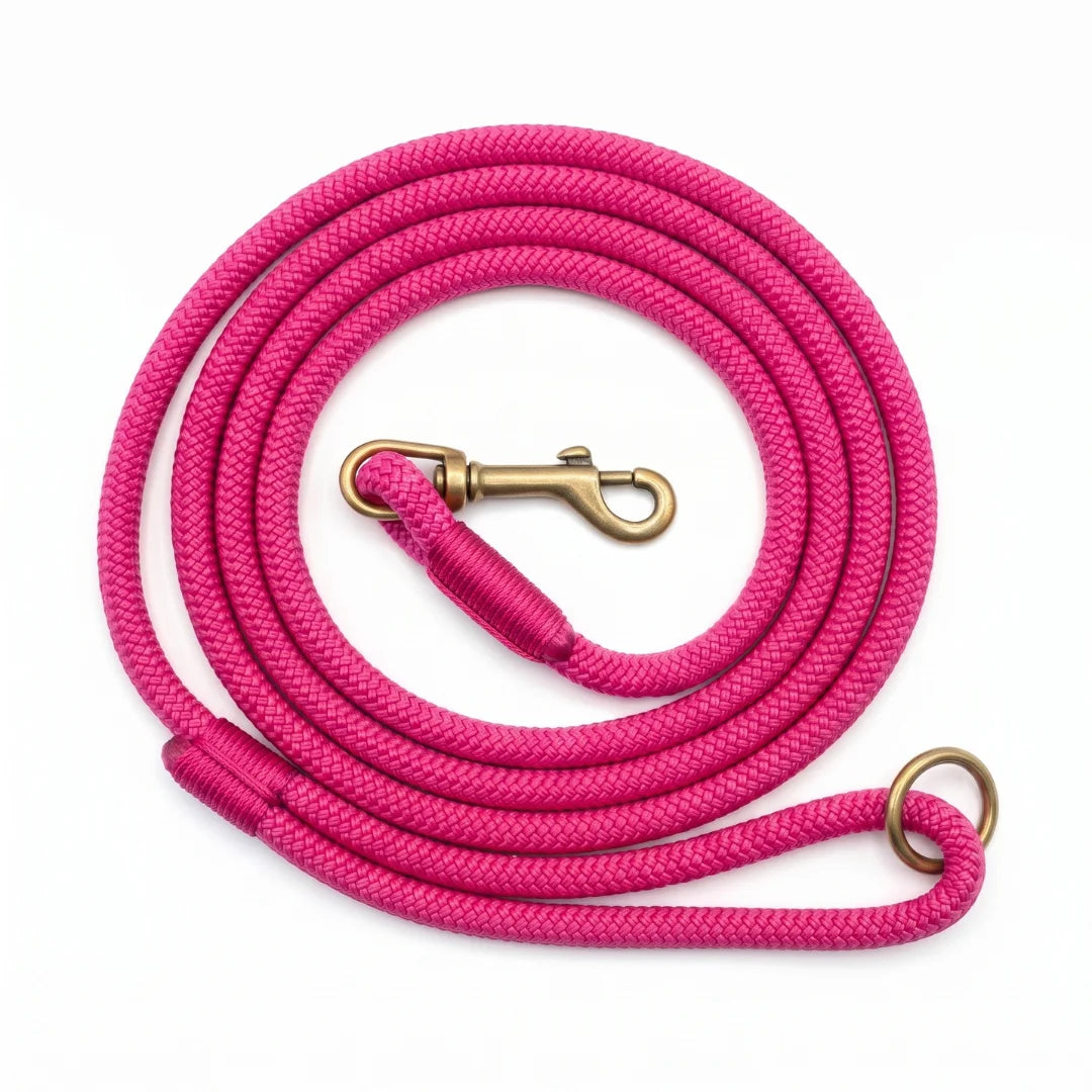A bright pink braided rope leash coiled on a white background, featuring a brass-colored metal clasp and a matching ring at the end.