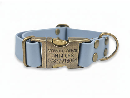 Light blue dog collar with a bronze buckle on a white background