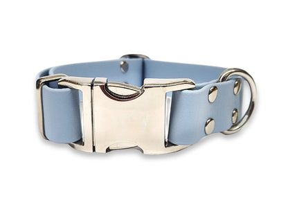 Pastel Blue Biothane clasp collar – water-repellent, odour-free, and built for muddy adventures – by Collared Creatures