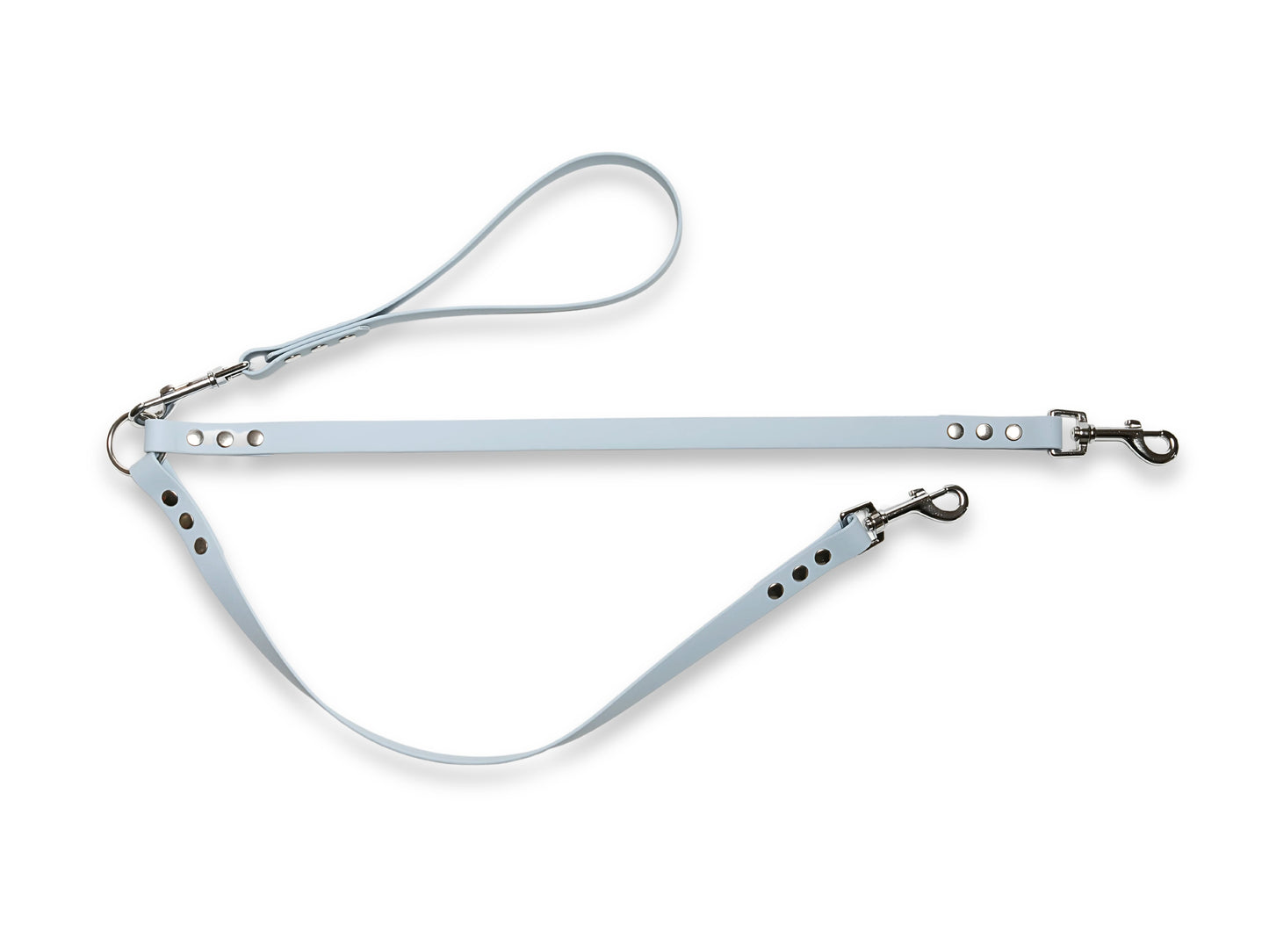 Pastel blue waterproof Biothane double dog lead for two dogs with no-tangle design