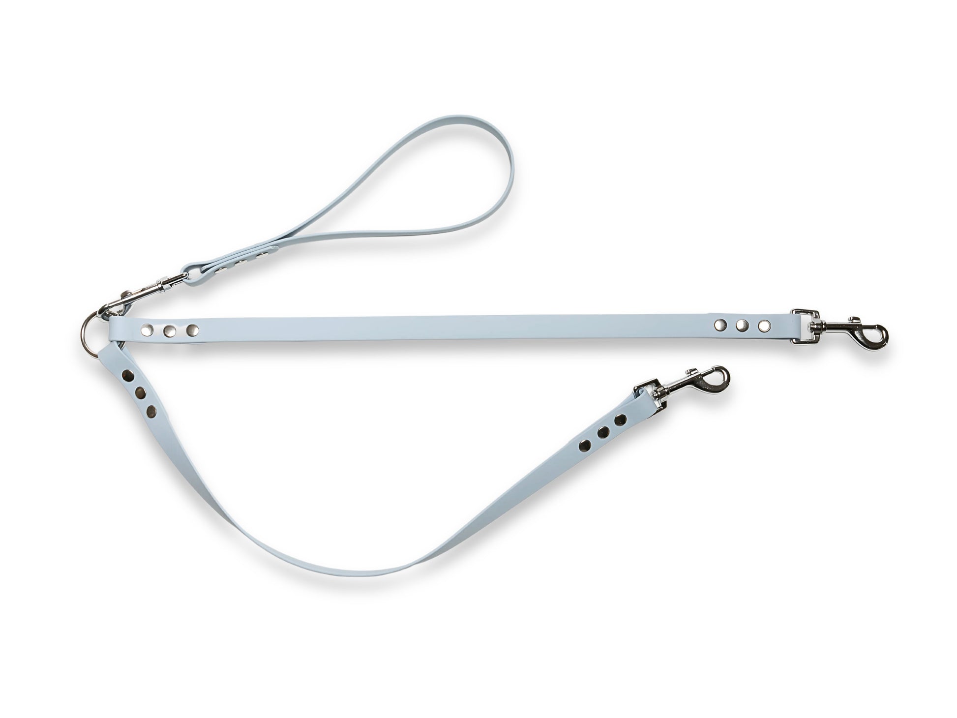 Pastel blue waterproof Biothane double dog lead for two dogs with no-tangle design