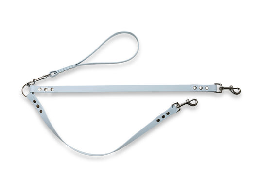 Pastel blue waterproof Biothane double dog lead for two dogs with no-tangle design