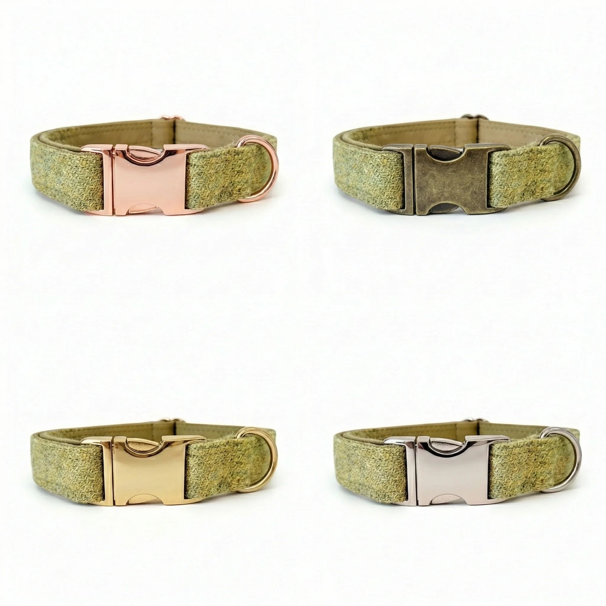 Four green dog collars with different buckles on a white background