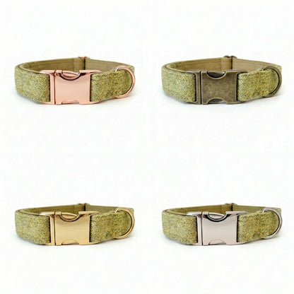 Four green dog collars with different buckles on a white background