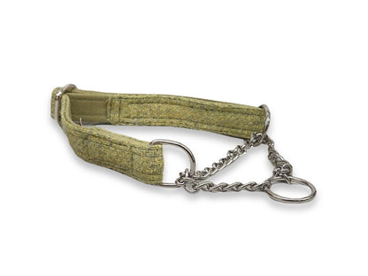 Pear green tweed martingale dog collar handmade in Yorkshire, soft-lined and ideal for sighthounds or dogs needing gentle leash control