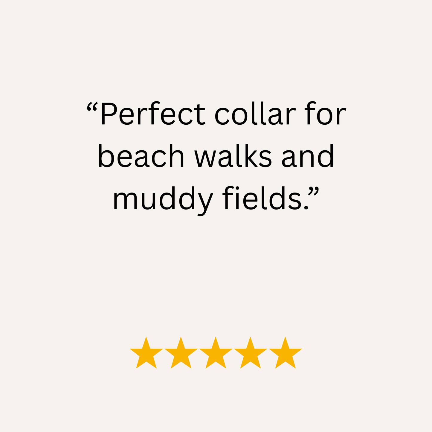 Text on a white background with five yellow stars and a quote about a collar's suitability for beach walks and muddy fields.