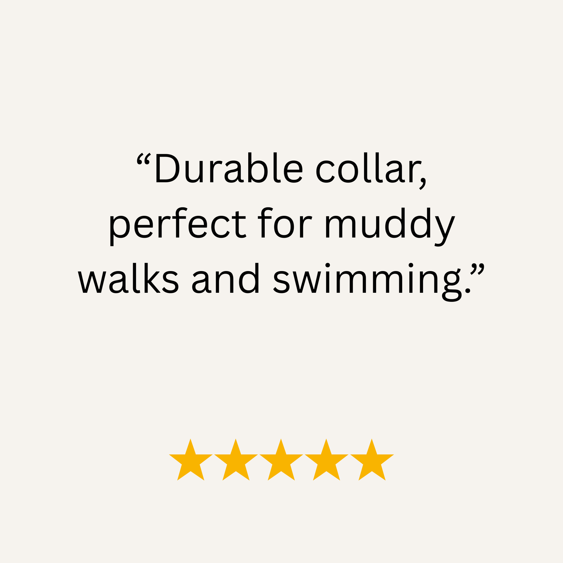 Product review with text 'Durable collar, perfect for muddy walks and swimming.' and five yellow stars on a white background.