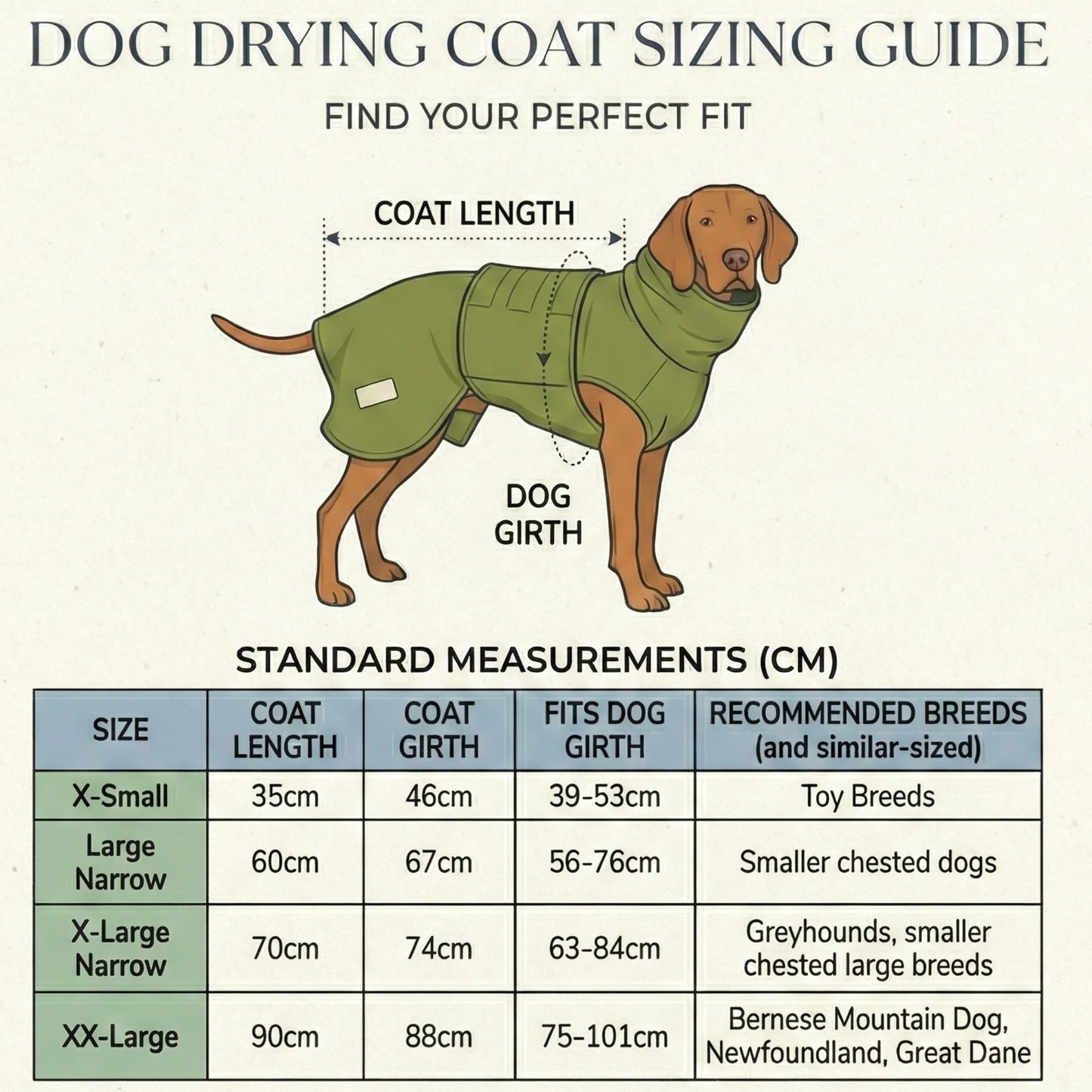 Dog drying coat sizing guide with measurements and illustrations