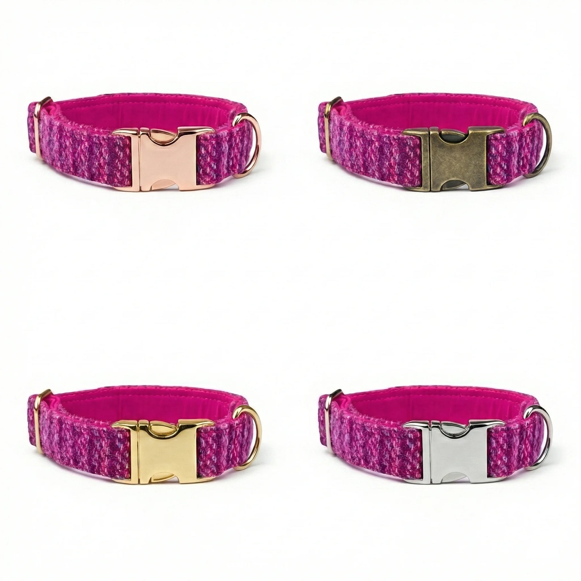 Four pink dog collars with gold and silver buckles on a white background